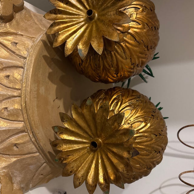 Vintage Tole Pineapple Topped With Green Palm - Sold as a Pair For Sale - Image 10 of 10