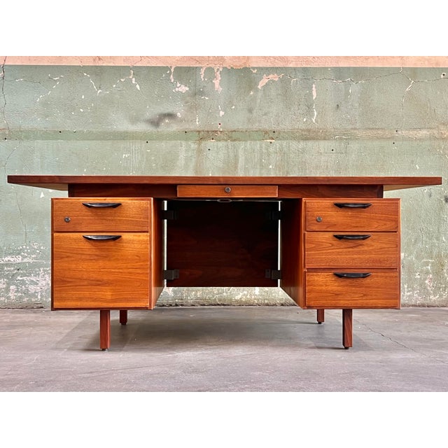 Jens Risom 1960s Jens Risom 72” Executive Walnut Double Pedestal Desk W/Custon Center Drawer, Restored Top For Sale - Image 4 of 12
