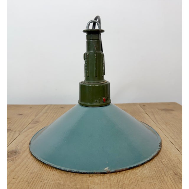 Industrial Petrol Enamel Military Pendant Lamp with Cast Aluminium Top, 1960s For Sale - Image 14 of 17