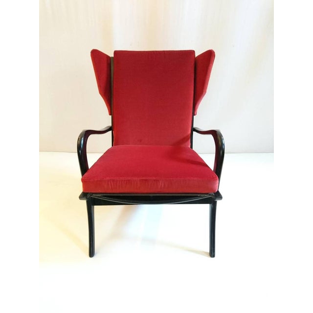 Mid-Century Modern Mid-Century Wingback Armchair in Red Velvet and Blackened Wood, 1950s For Sale - Image 3 of 10
