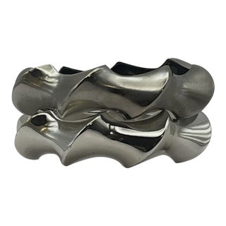 Contrasting Pinched Wave Silver Tone Hinged Bangle Set Sculptural For Sale