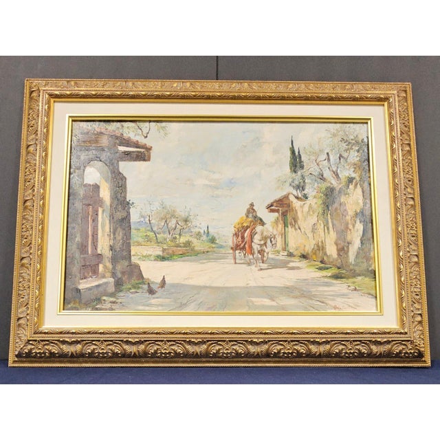 Rustic European Mid 20th Century Large Aldo Affortunati Italian Oil Painting, Tuscan Landscape With Horse Cart, Ornate Gilt Frame For Sale - Image 3 of 6
