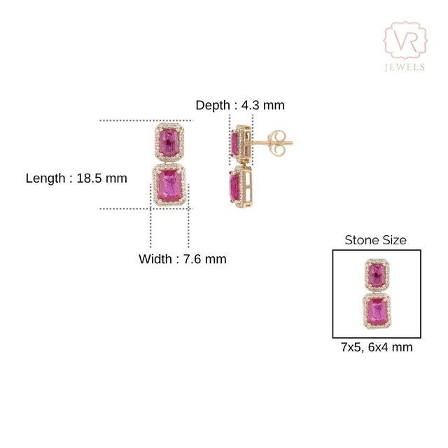 Ruby Red 3.03 Carat Emerald Cut Ruby Diamond Double Drop Earrings in 14k Yellow Gold- A Pair For Sale - Image 8 of 13