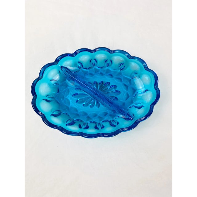 Glass Vintage Turquoise Blue Indiana Glass Oval Divided Dish For Sale - Image 7 of 10