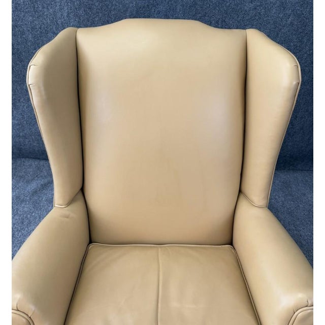 Wood Late 20th Century Tan Leather Wingback Arm Chair For Sale - Image 7 of 12