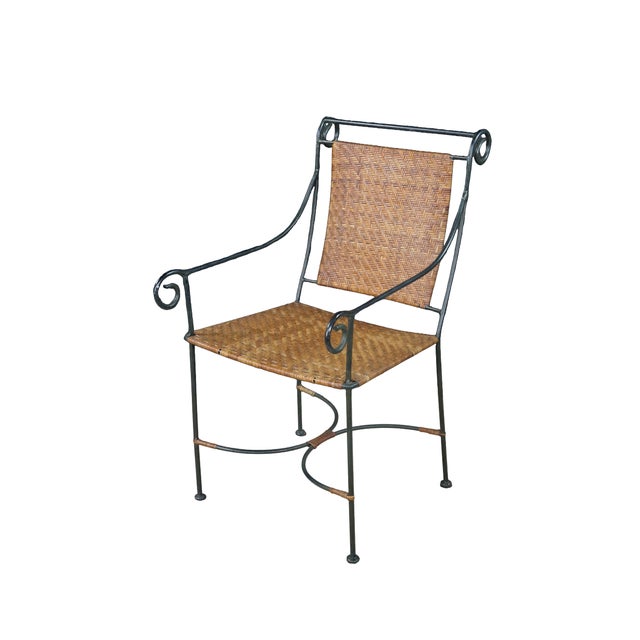 Mid-Century Modern Pair Mid Century Modern Iron Wicker Patio Chairs Vintage Wrought Iron Dining Armchairs For Sale - Image 3 of 18