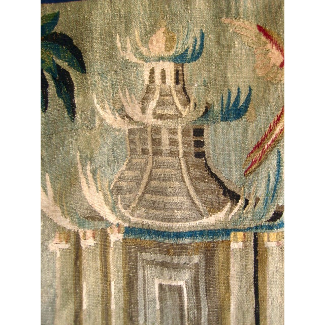 French Aubusson Chinoiserie Verdure Tapestry Pagoda and Three Birds 18 Century For Sale - Image 4 of 13