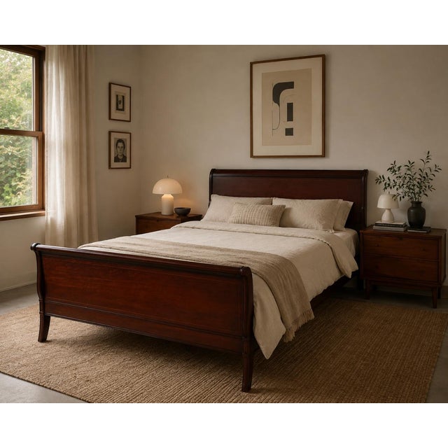 Elegant 1970s vintage queen-size bed frame by Drexel, crafted in mahogany and mahogany veneer with a rich reddish-brown...