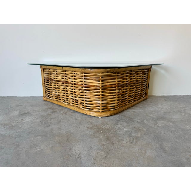 Mid-Century Modern Vintage Coastal Rattan Triangular Coffee Table With Glass Top/ Sold For Sale - Image 3 of 12
