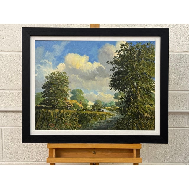 English Countryside Oil Painting with Thatched Cottage, River & Cows Grazing 1985 Circa For Sale - Image 9 of 15