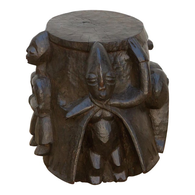 Rustic Figural Carved African Shango Stool For Sale