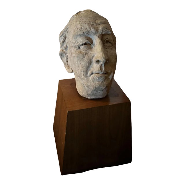 Mid Century Clay Head Sculpture on Wood Base For Sale