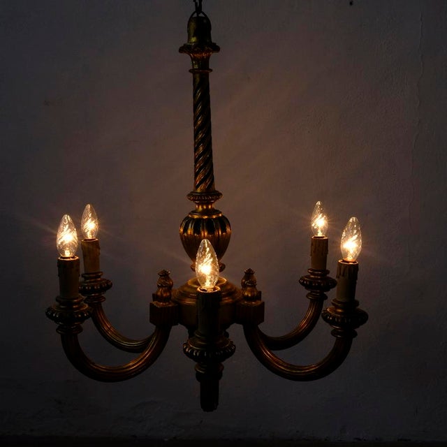 Gilded Wood 6-Arm Chandelier, 1940s For Sale - Image 3 of 18