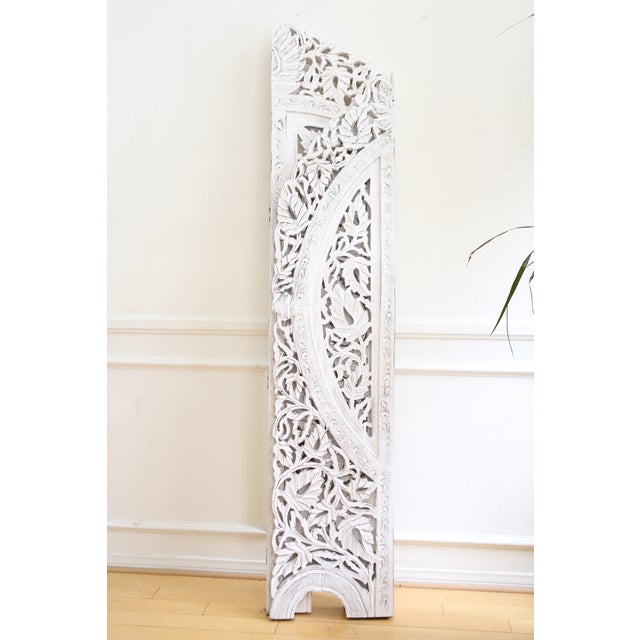 Boho Hand Carved Solid Wood White Washed Screen Room Divider Chairish