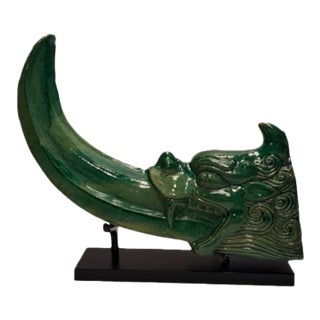 Chinese Antique Glazed Ceramic Dragon Roof Tile on Custom Stand For Sale