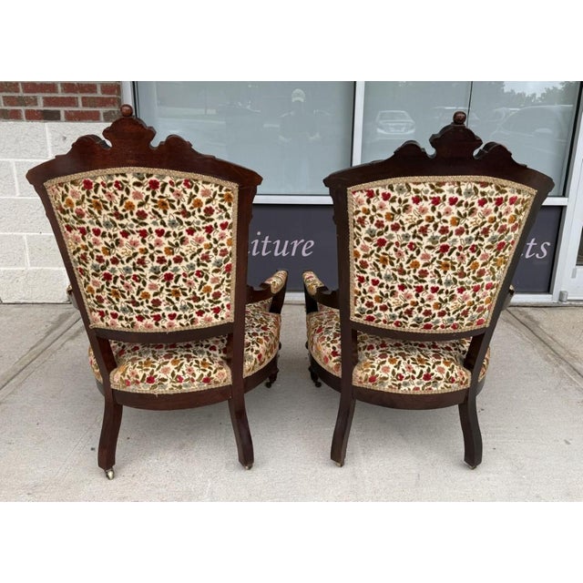 Early 20th Century Pair of Antique Eastlake Walnut Parlor Chairs With Floral Upholstery For Sale - Image 5 of 15