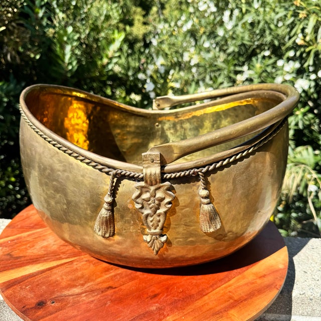 English Mid 20th Century Large Sold Brass Decorative Basket With Tassel Accents and Movable Handle For Sale - Image 3 of 12