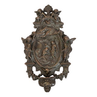 Antique Holy Water Font in Embossed Copper Depicting the Baptism of Christ, Naples, 19th Century For Sale