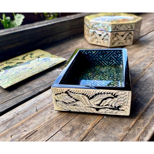 Early 21st Century Korean Najeonchilgi Mother-of-Pearl Crane & Pine Lacquer Box, ImArt For Sale - Image 5 of 13