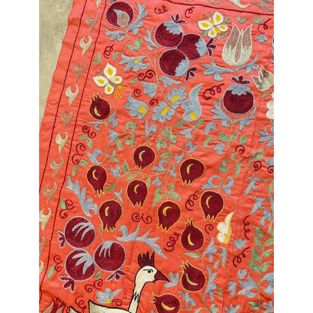 Coral Silk Suzani Wall Hanging With White Peacocks For Sale In New York - Image 6 of 10