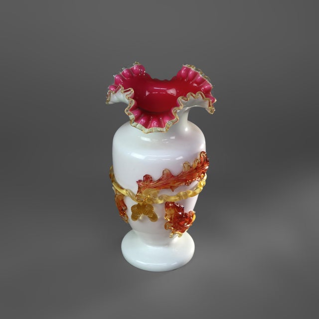 Traditional Antique Stevens & Williams Satinware Art Glass With Applied Leaf & Acorn Circa 1890 For Sale - Image 3 of 5