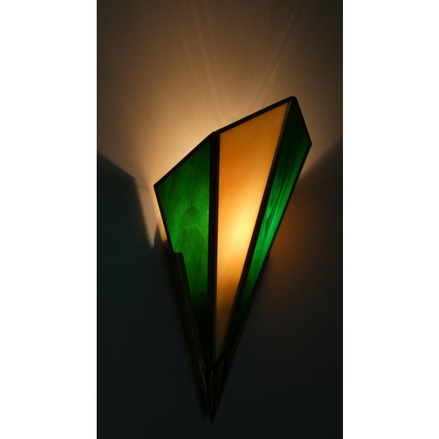 Forest Green Vintage Brass and Synthetic Glass Wall Lights from Glashütte Limburg, 1980s, Set of 2 For Sale - Image 8 of 9