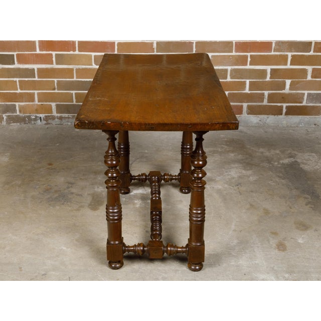 Baroque Italian 1800s Walnut Baroque Style Spool Table with H-Form Cross Stretcher For Sale - Image 3 of 12
