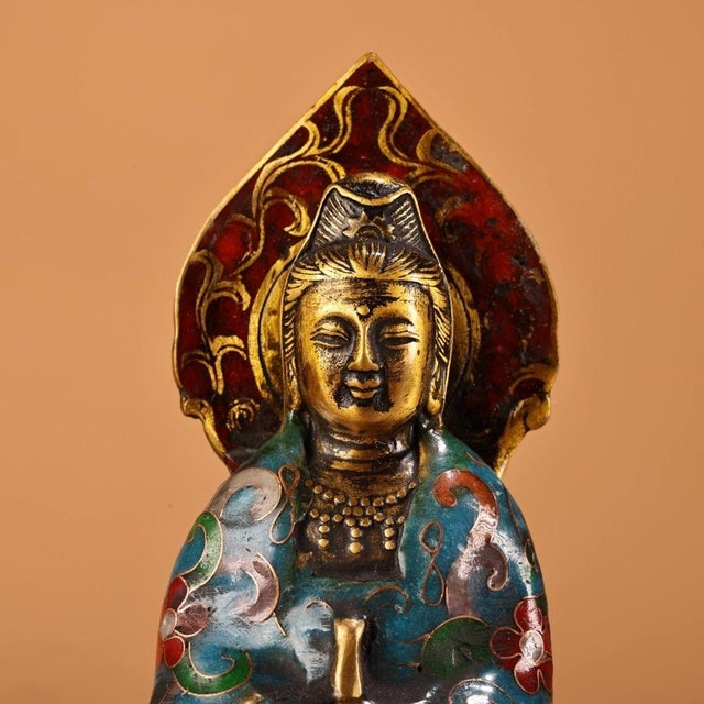 Set of 3 Antique Chinese Gilt Cloisonné Buddhist Triad Statues For Sale - Image 4 of 9