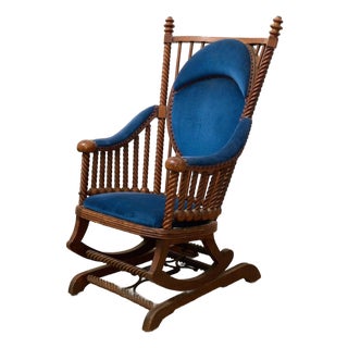 1870s Antique Attributed to George Hunzinger Barley Twist Mahogany Needlepoint Rocking Chair For Sale