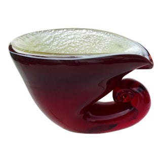Vintage Murano Avem Deep Red Yellow Silver Flecks Italian Art Glass Seashell Sculptural Ashtray Bowl For Sale