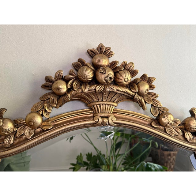 French Provincial Gold Giltwood Style Beveled Glass Mirror With Pomegranate Fruit Basket Top For Sale - Image 3 of 9