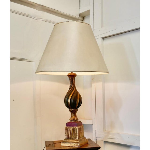 1920s Bulbous Folk Art painted Spanish lamp and shade This an attractive painted lamp, the lamp has a hand carved bulbous...