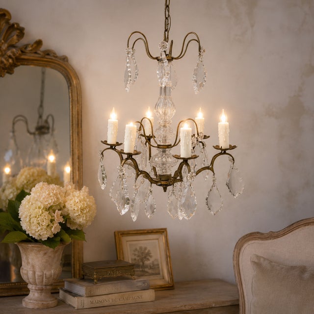 Metal Antique Chandelier - French Louis XV Style Crystal & Bronze 6 Arm For Sale - Image 7 of 7