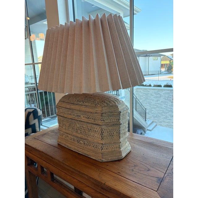 A substantial & beautifully textured pottery table lamp by Richard Ray Designs, featuring a sculptural clay base with...
