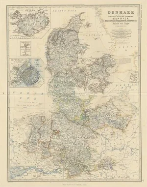 Denmark & Schleswig-Holstein Map with Copenhagen & Iceland Insets, 1865