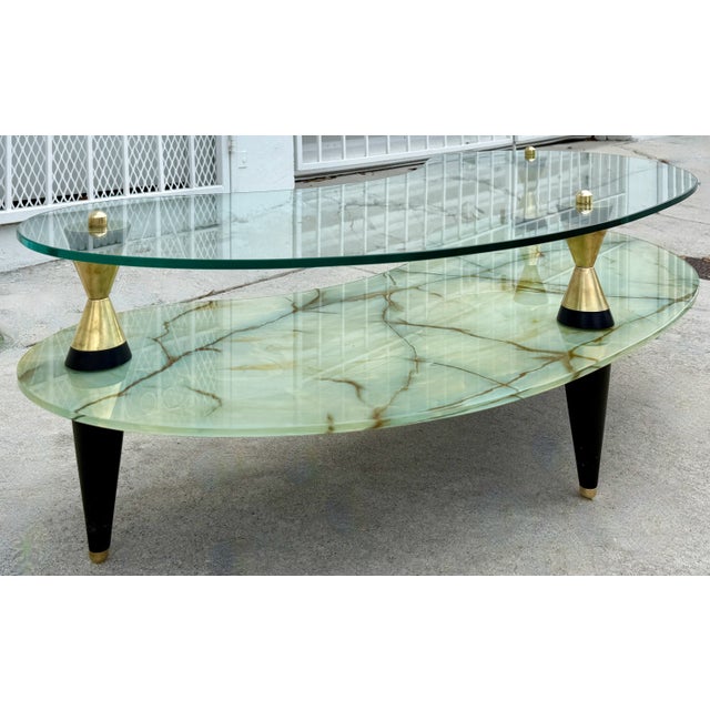 1950s Italian 1950s Two-Tier Kidney Shape Glass & Faux Marble Coffee Table For Sale - Image 5 of 9