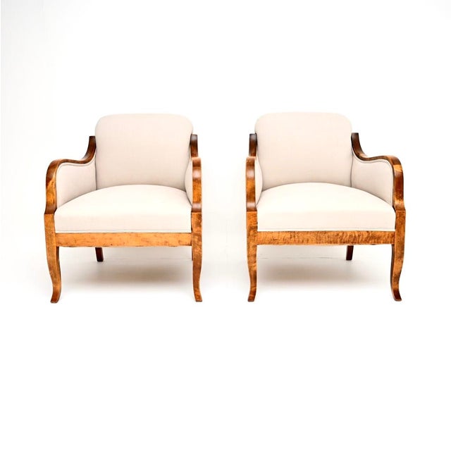 A stylish and extremely well made pair of antique Swedish satin birch armchairs. They were recently imported from Sweden,...