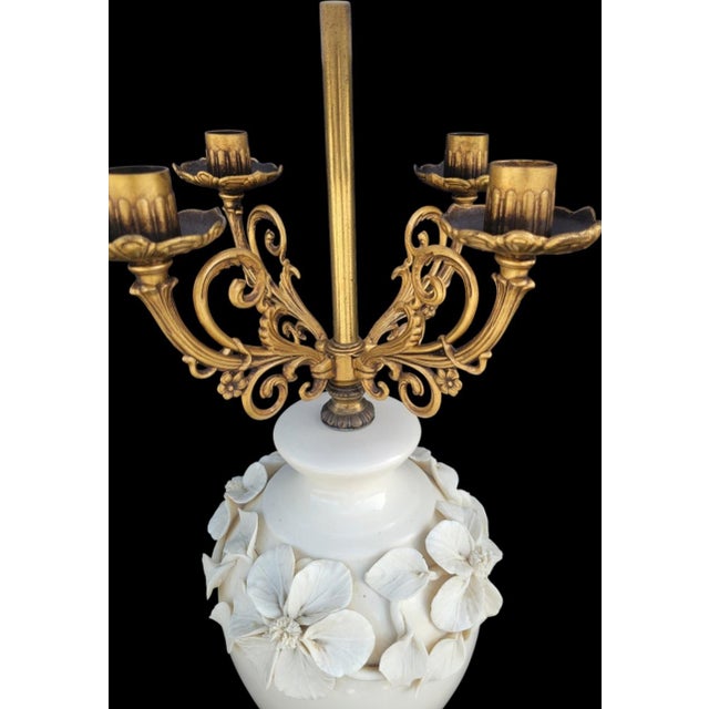 Metal Vintage Huge Marbro Style Porcelain Urn Candleabra Style Raised Leaf Brass Table Lamp For Sale - Image 7 of 12