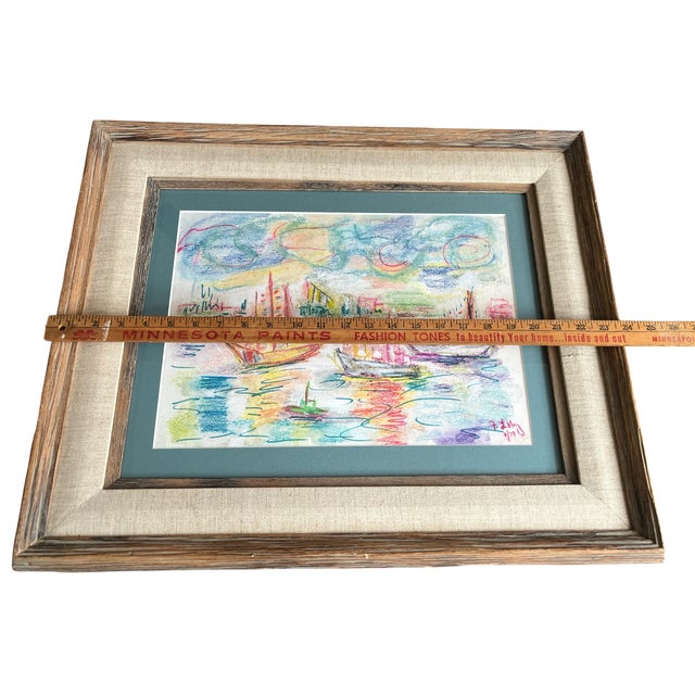Vibrant Pastel Sailboat Seascape in Wood & Linen Frame – Signed & Dated 1979 For Sale - Image 9 of 10