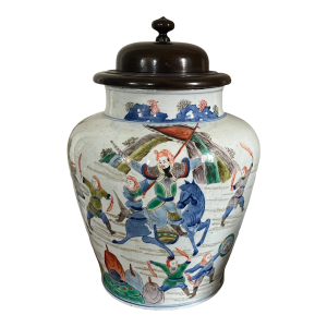 Antique 19th Century Chinese Qing Wucai Transitional Style Porcelain Vase or Jar Decorated With Warriors and Horses