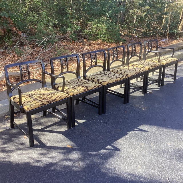 Wood 1950s Set of Six Black Lacquered Michael Taylor for Baker Attributed Dining Chairs in Kravet Tiger Eye For Sale - Image 7 of 10