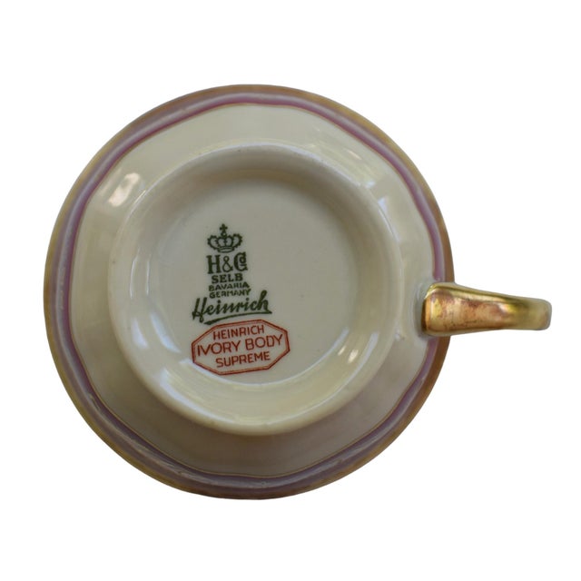 Metal Vintage 30s Heinrich and Co. Selb H & C Bavaria German Porcelain Red and Gold Encrusted Tea Cup and Saucer With Desert Plate - Service for 2 For Sale - Image 7 of 12