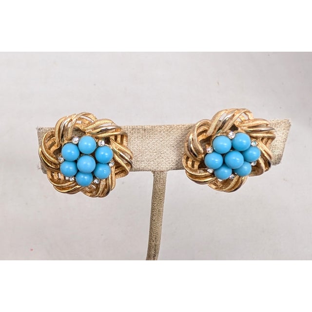 1960s Vintage Signed Crown Trifari Goldtone Cabochon Faux-Turquoise Clip Earrings-2 Pieces For Sale - Image 5 of 7