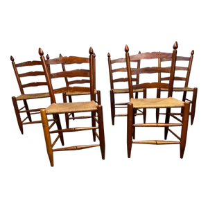 Early 20th Century Set of Six Antique Shaker Style Cherry Rush Seat Side Chairs
