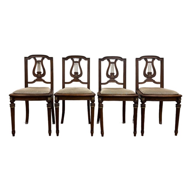 Vintage French Louis XVI Style Harp Back Lyre Back Bronze Ormulu Dining Chairs For Sale