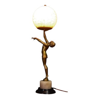 Art Deco French Bronze Figural Dancer Table Lamp with Glass Globe,1930s For Sale