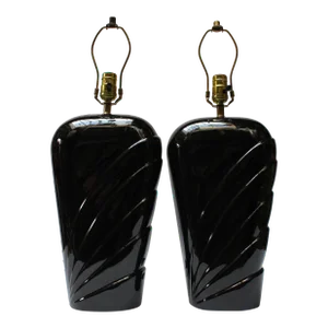 Pair of Postmodern Black Ceramic Table Lamps by O Design