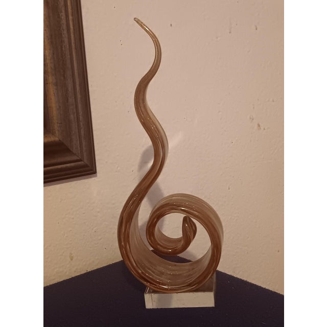 Contemporary Amber & Clear Hand-Blown Art Glass Ribbon Sculpture on Crystal Base For Sale - Image 9 of 11