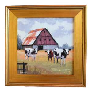 Farmhouse Ranch Barn & Cattle Oil Painting W/ Antiqued Gold Wood Frame