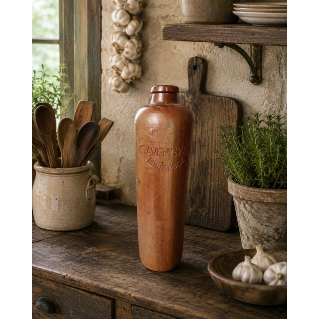 This antique earthenware salt glaze German wine bottle, marked Havemeyer Rheinperle, is a captivating example of primitive...